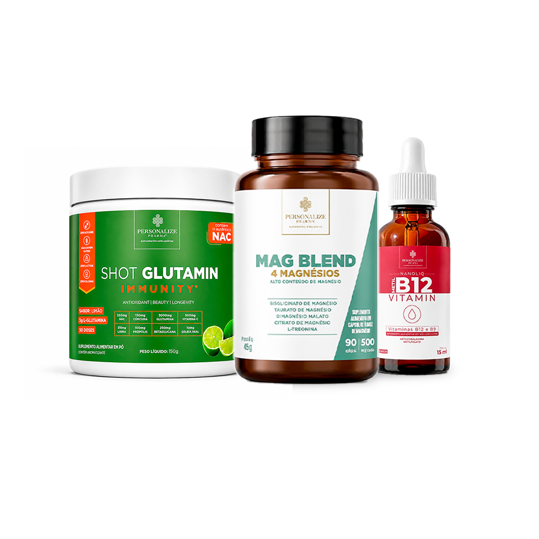 Trio que transforma - Shot Glutamin Immunity (Sabor Limão), Vitamina B12, Mag blend