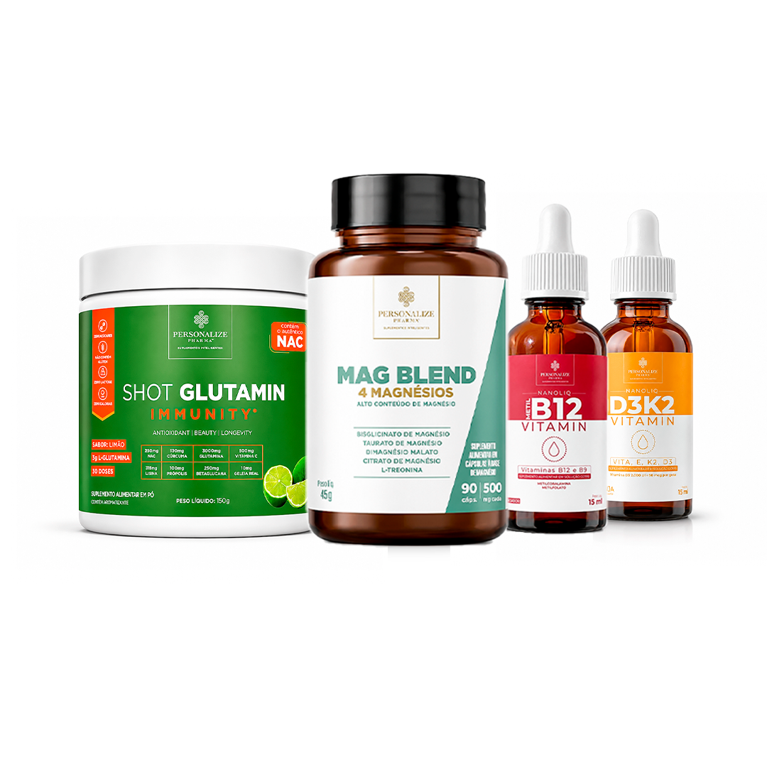 Combo Tireóide - Shot Glutamin Immunity (sabor limão) + Mag Blend + Vitamina B12 + Vitamina D3K2