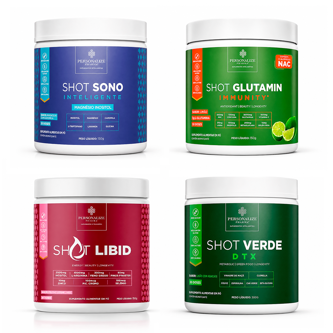 Combo Vida Abundante - Shot Glutamin Immunity (Sabor limão), Shot Verde Detox, Shot Libid, Shot Sono Inteligente - 150g por pote