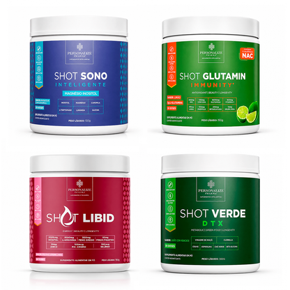 Combo Vida Abundante - Shot Glutamin Immunity (Sabor limão), Shot Verde Detox, Shot Libid, Shot Sono Inteligente - 150g por pote