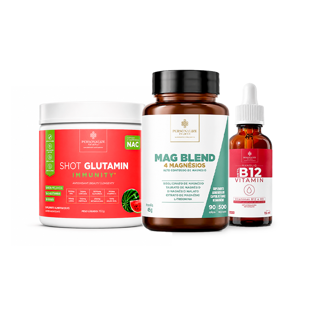 Trio que transforma - Shot Glutamin Immunity (Sabor Melancia), Vitamina B12, Mag blend