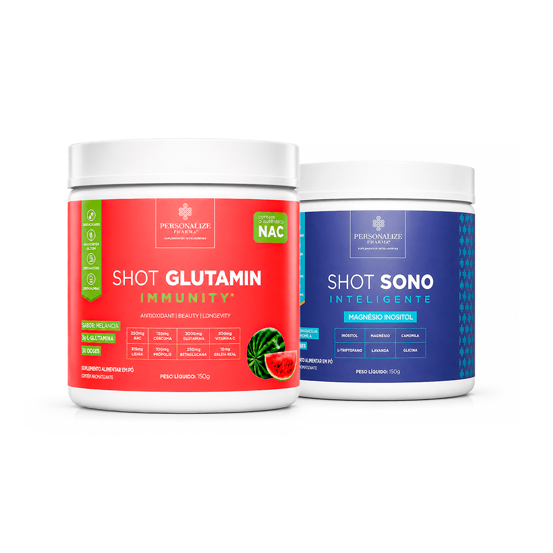 Combo Dia e Noite - Shot Glutamin Immunity (sabor Melancia) + Shot Sono Inteligente - 150g por pote