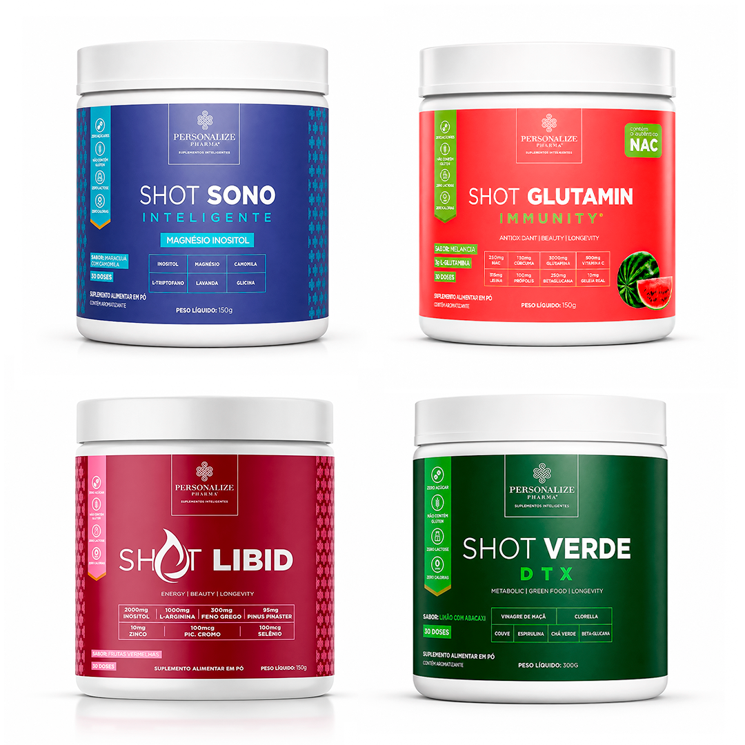 Combo Vida Abundante - Shot Glutamin Immunity (Sabor Melancia), Shot Verde Detox, Shot Libid, Shot Sono Inteligente - 150g por pote