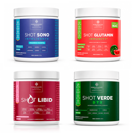 Combo Vida Abundante - Shot Glutamin Immunity (Sabor Melancia), Shot Verde Detox, Shot Libid, Shot Sono Inteligente - 150g por pote
