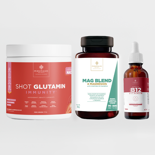 Trio que transforma - Shot Glutamin Immunity (Sabor Morango), Vitamina B12, Mag blend