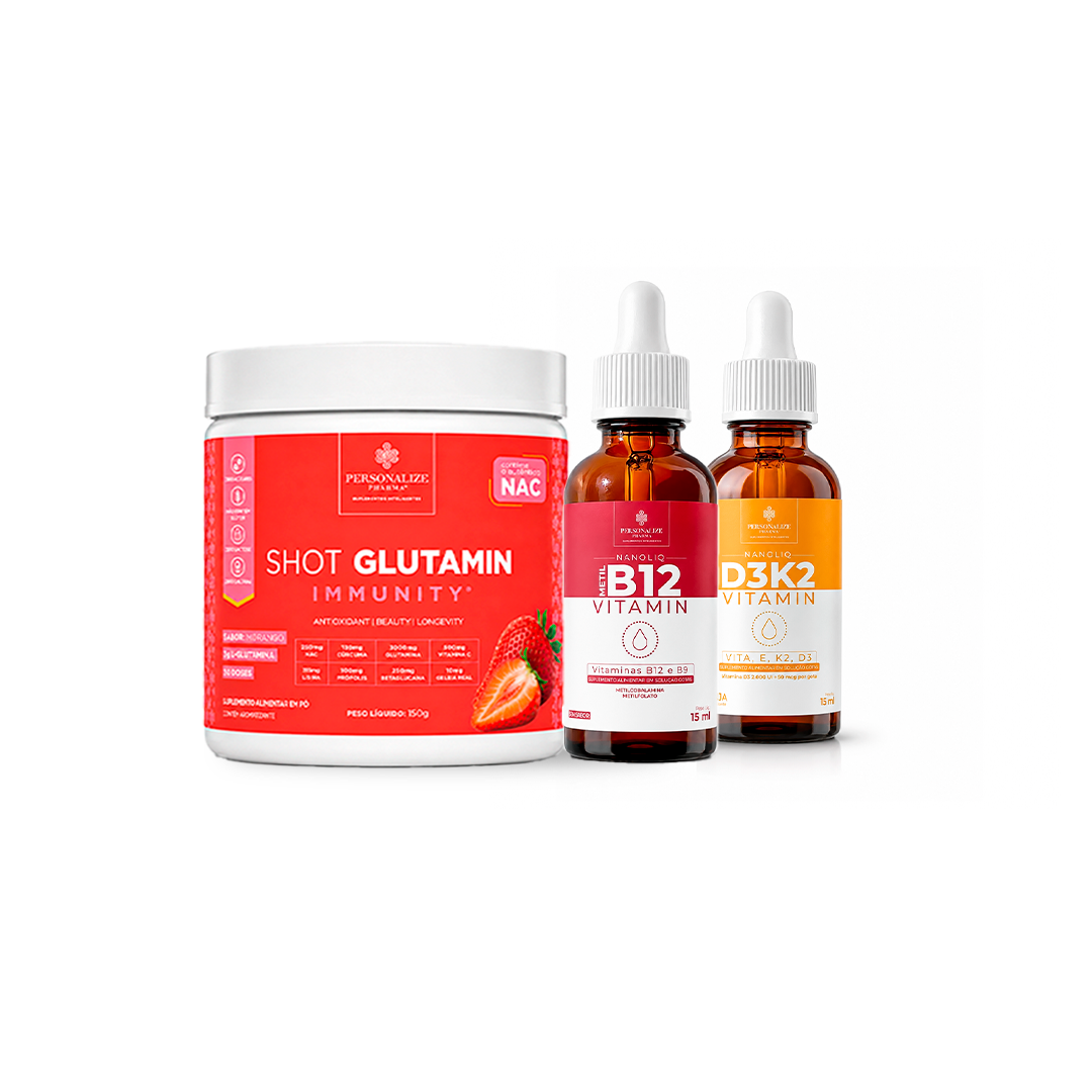 Combo Basic - Shot Glutamin Immunity Sabor Morango + Vitamina B12 NANOLIQ (Gotas) Sem sabor + Vitamina D3K2 NANOLIQ (Gotas)  Sabor Laranja