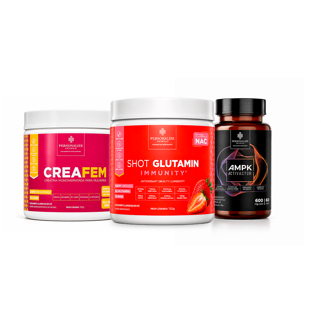 Trio Fit Completo - Creafem + Shot Glutamin Immunity (Sabor Morango) + AMPK
