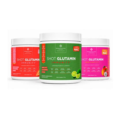 Combo 3 Shot Glutamin Immunity com NAC – 1 Unidade Sabor Morango +  1 Unidade Sabor Limão + 1 Unidade Sabor Manga com Pitaya– 150g por pote (Cópia) (Cópia)