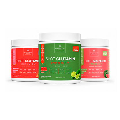 Combo 3 Shot Glutamin Immunity com NAC – 1 Unidade Sabor Morango + 1 Unidade Sabor Limão + 1 Unidade Sabor Melancia – 150g por pote