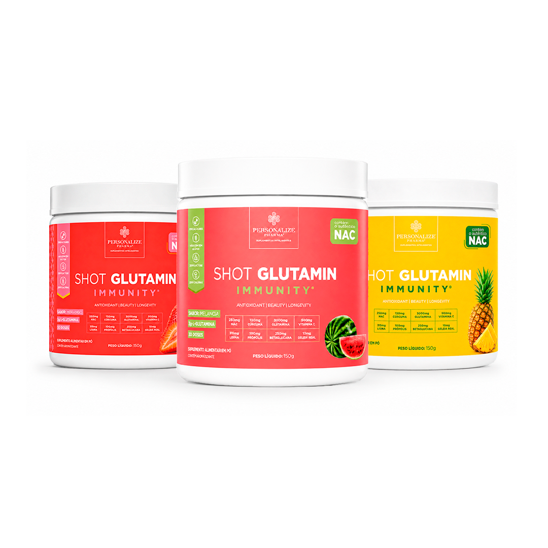 Combo 3 Shot Glutamin Immunity com NAC – 1 Unidade Sabor Morango + 1 Unidade Sabor Melancia + 1 Unidade Sabor Abacaxi – 150g por pote