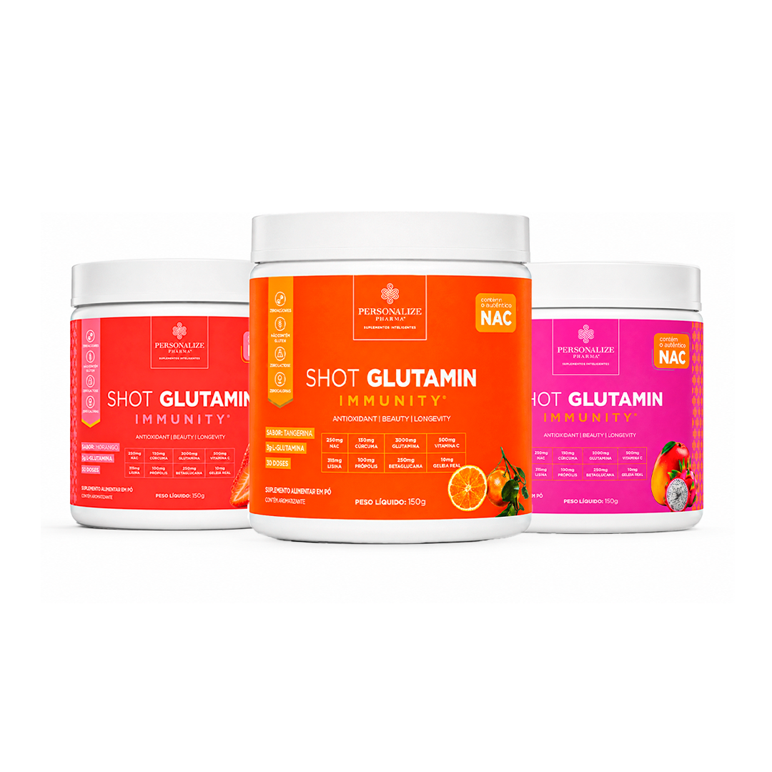Combo 3 Shot Glutamin Immunity com NAC – 1 Unidade Sabor Morango+  1 Unidade Sabor Tangerina + 1 Unidade Sabor Manga com Pitaya– 150g por pote