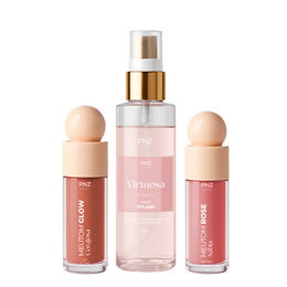 Combo Linha PNZ Skin Essencial (Virtuosa/Rose) - Body Splash Virtuosa -  Redberry, Meutom Rose Sábia -  Batom líquido, sombra e Blush, Meutom Glow Corajosa - Gloss Labial