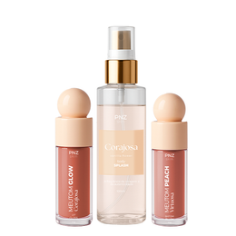 Combo Linha PNZ Skin Essencial (Corajosa/Peach)- Body Splash Corajosa - Vanilla Flower, Meutom Peach Virtuosa -  Batom líquido, sombra e Blush, Meutom Glow Corajosa - Gloss Labial