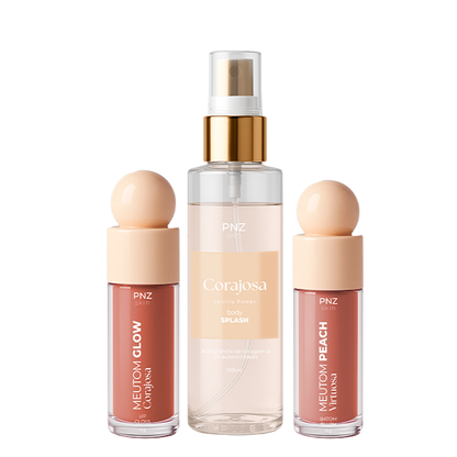 Combo Linha PNZ Skin Essencial (Corajosa/Peach)- Body Splash Corajosa - Vanilla Flower, Meutom Peach Virtuosa -  Batom líquido, sombra e Blush, Meutom Glow Corajosa - Gloss Labial