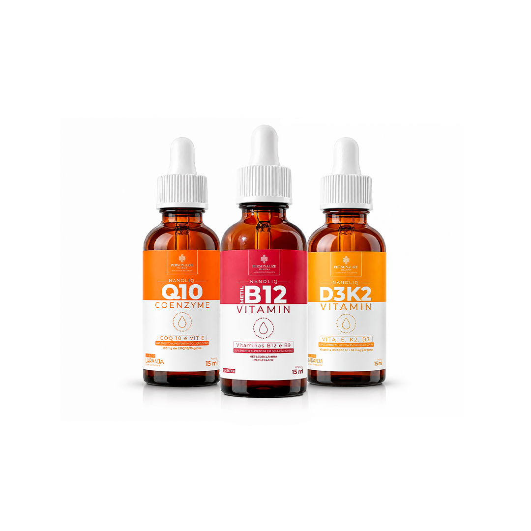 Combo NANOLIQ - Gotas - VITAMINA D3K2 NANOLIQ - 15 ml – sabor laranja + COENZIMA Q10 NANOLIQ - 15 ml – sabor laranja + VITAMINA B12 NANOLIQ -  15 ml – sem sabor