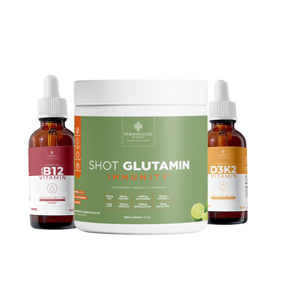 Combo Basic - Shot Glutamin Immunity Sabor Limão + Vitamina B12 NANOLIQ (Gotas) Sem sabor + Vitamina D3K2 NANOLIQ (Gotas)  Sabor Laranja