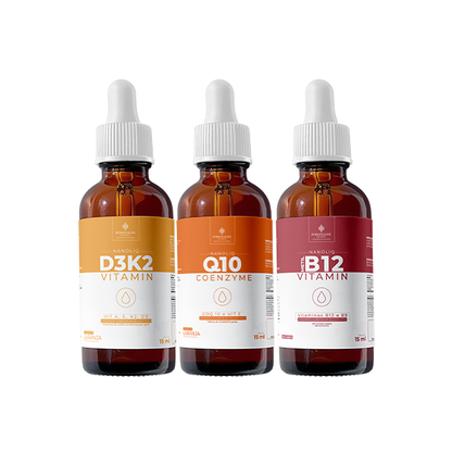 Combo NANOLIQ - Gotas - VITAMINA D3K2 NANOLIQ - 15 ml – sabor laranja + COENZIMA Q10 NANOLIQ - 15 ml – sabor laranja + VITAMINA B12 NANOLIQ -  15 ml – sem sabor