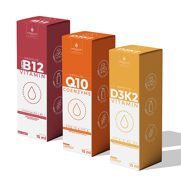 Combo NANOLIQ - Gotas - VITAMINA D3K2 NANOLIQ - 15 ml – sabor laranja + COENZIMA Q10 NANOLIQ - 15 ml – sabor laranja + VITAMINA B12 NANOLIQ -  15 ml – sem sabor