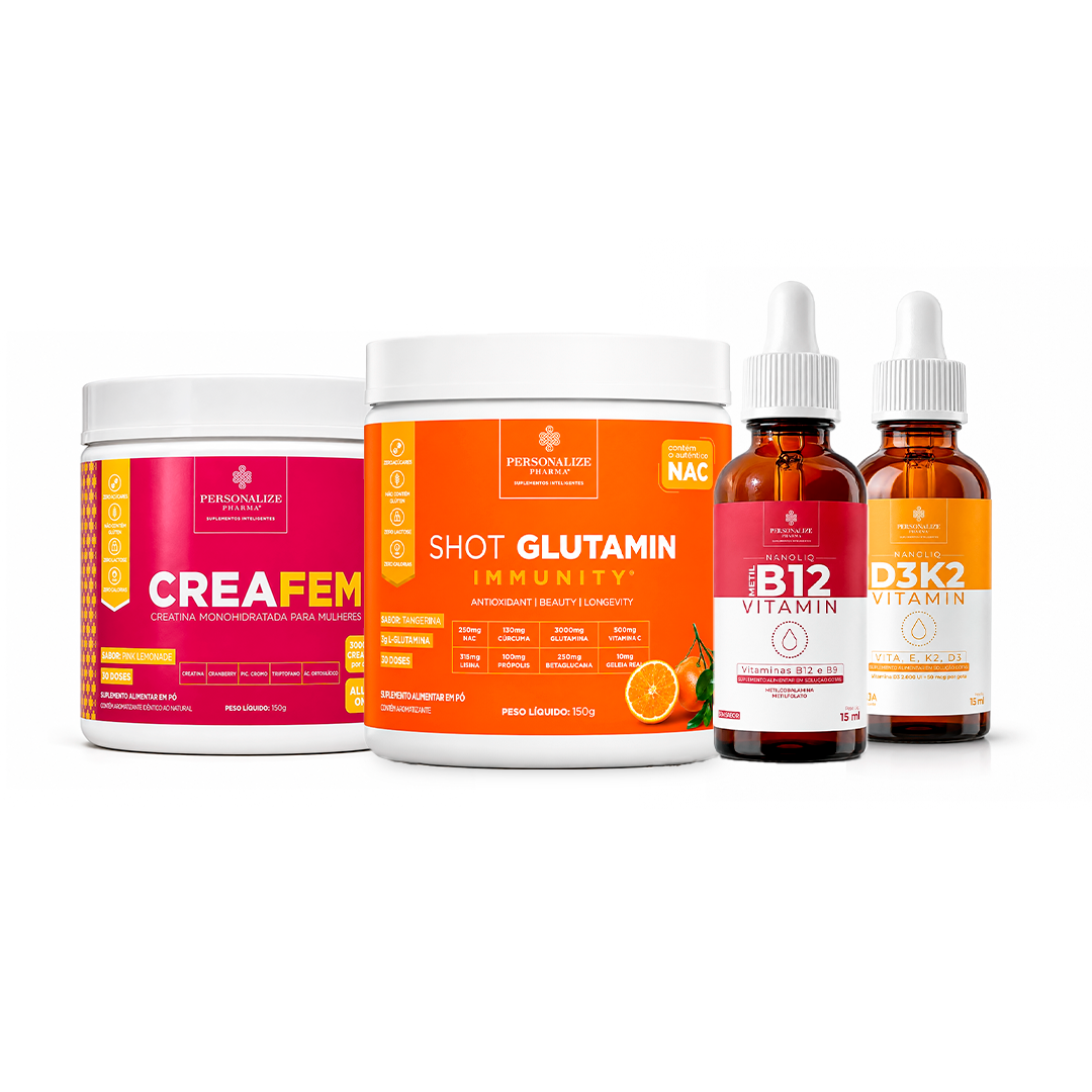 Combo Bariátrica - Shot Glutamin Immunity (sabor tangerina) + Creafem + Vitamina B12 + Vitamina D3K2