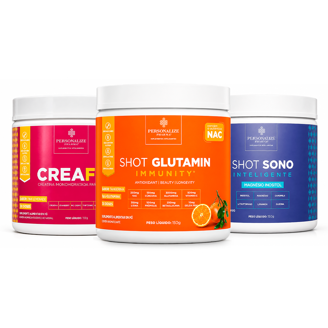 Combo Rotina Completa - Shot Glutamin Immunity (sabor tangerina) + Creafem + Shot Sono Inteligente - Magnésio Inositol
