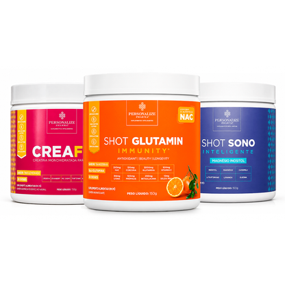 Combo Rotina Completa - Shot Glutamin Immunity (sabor tangerina) + Creafem + Shot Sono Inteligente - Magnésio Inositol