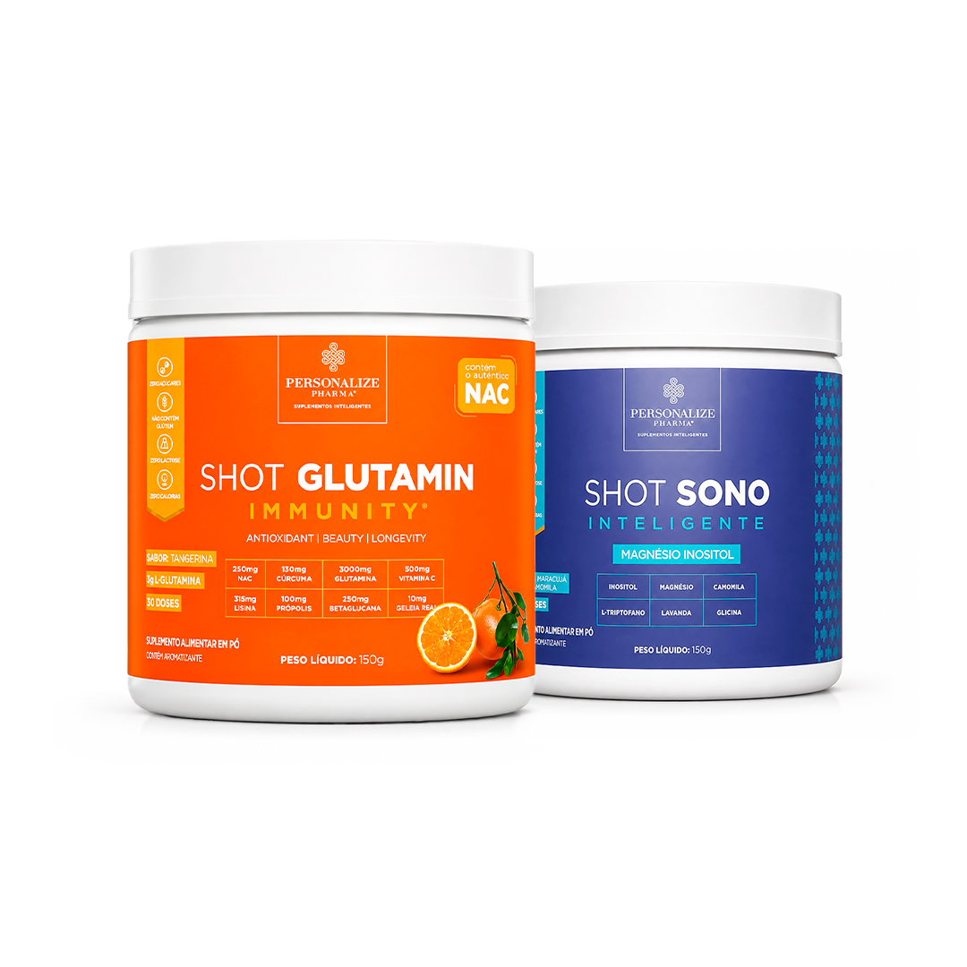 Combo Dia e Noite - Shot Glutamin Immunity (sabor Tangerina) + Shot Sono Inteligente - 150g por pote