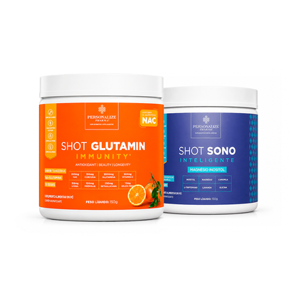 Combo Dia e Noite - Shot Glutamin Immunity (sabor Tangerina) + Shot Sono Inteligente - 150g por pote