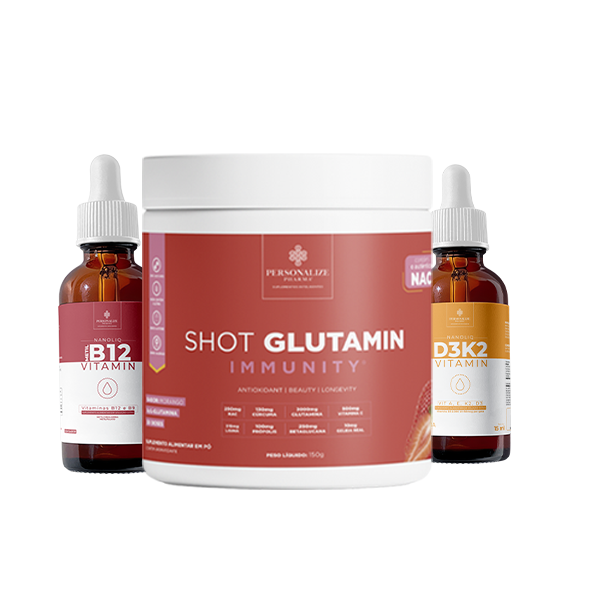 Combo Basic - Shot Glutamin Immunity Sabor Morango + Vitamina B12 NANOLIQ (Gotas) Sem sabor + Vitamina D3K2 NANOLIQ (Gotas)  Sabor Laranja