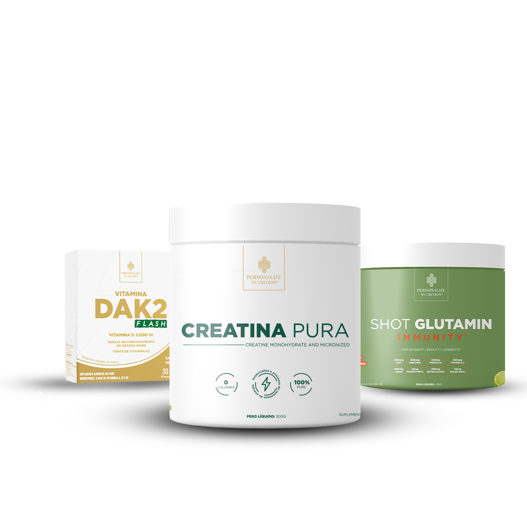 Combo Essencial - Creatina Pura, Shot Glutamin Immunity Sabor Limão, Vitamina DAK2 Flash - Rende 30 dias