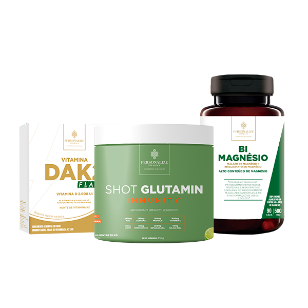 Combo Fibromialgia - Shot Glutamin Immunity Sabor Limão, Vitamina DAK2 Flash, Bi magnésio