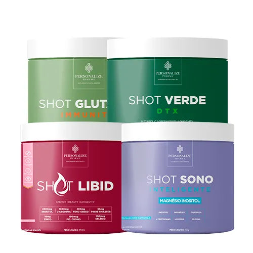 Combo Vida Abundante - Shot Glutamin Immunity (Sabor limão), Shot Verde Detox, Shot Libid, Shot Sono Inteligente - Rende 30 dias