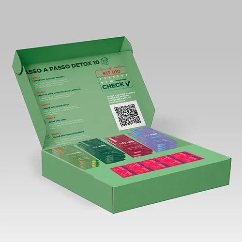 Kit Detox 10 dias - 10 sachês Shot Glutamin Immunity (Sabor limão), 1 Blister Ampk Ativactor, 10 sachês Shot Verde Detox, 10 sachês Shot Libid, 10 sachês Shot Sono Inteligente