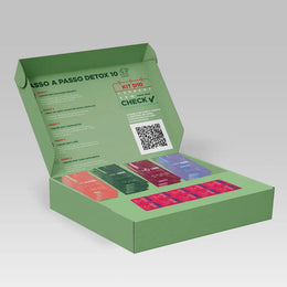 Kit Detox 10 dias - 10 sachês Shot Glutamin Immunity (Sabor Melancia), 1 Blister Ampk Ativactor, 10 sachês Shot Verde Detox, 10 sachês Shot Libid, 10 sachês Shot Sono Inteligente