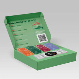 Kit Detox 10 dias - 10 sachês Shot Glutamin Immunity (Sabor Tangerina), 1 Blister Ampk Ativactor, 10 sachês Shot Verde Detox, 10 sachês Shot Libid, 10 sachês Shot Sono Inteligente